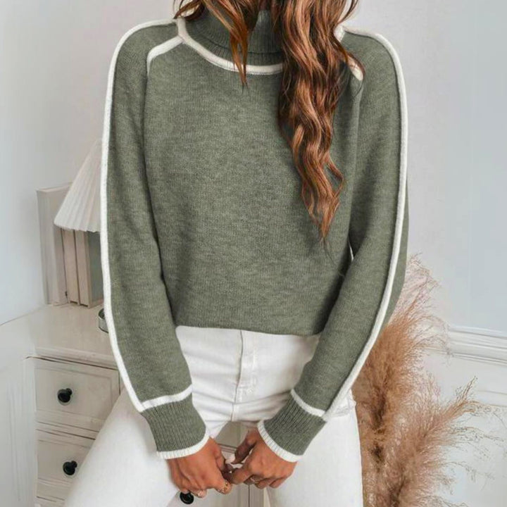 Damen Lässiger Frühlings-Strickpullover mit Rollkragen Kontraststreifen