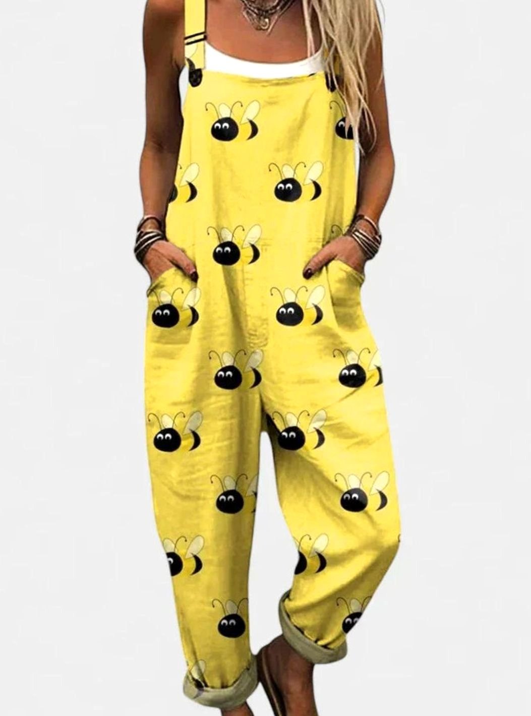 Damen Lässiger Latzhosen-Overall mit Lustigem Bienenprint - Mehrfarbig