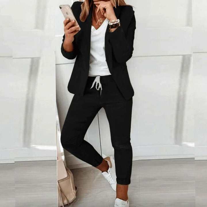 Damen Lässiges Blazer Jogger Set Zweiteiler mit Kordelzug - Schwarz