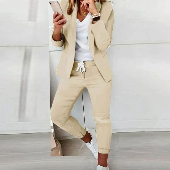 Damen Lässiges Blazer Jogger Set Zweiteiler mit Kordelzug - Beige