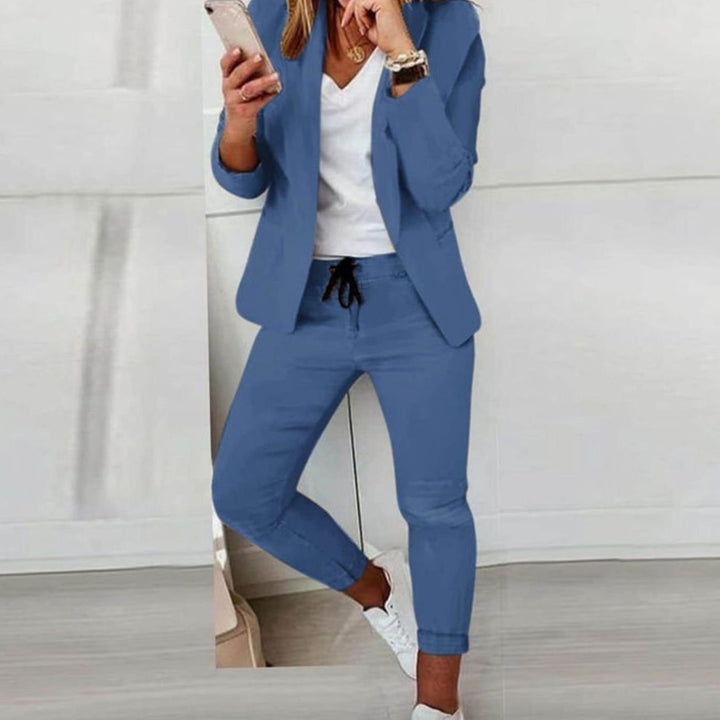 Damen Lässiges Blazer Jogger Set Zweiteiler mit Kordelzug - Blau