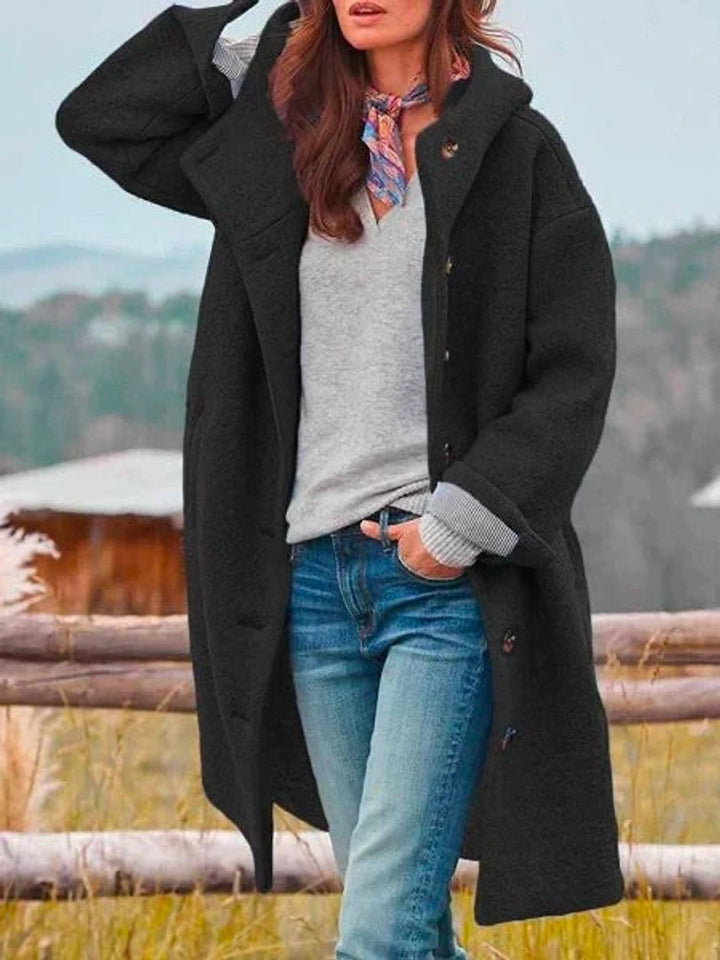 Damen Mantel Langarm Fleece Plüschjacke mit Kapuze - Schwarz