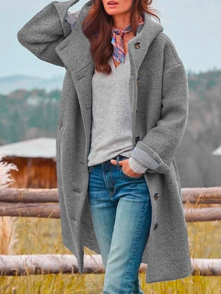 Damen Mantel Langarm Fleece Plüschjacke mit Kapuze - Grau