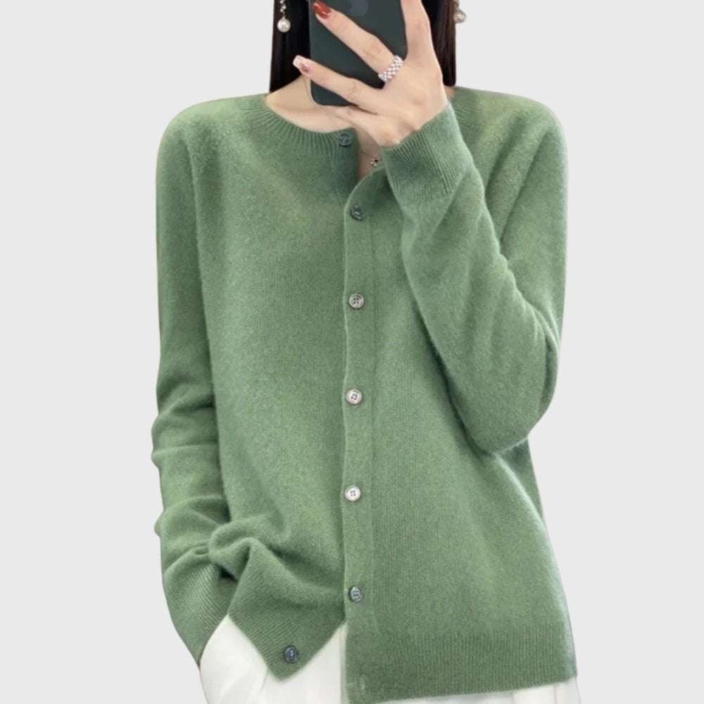 Damen Merino Cardigan Knopfleiste Rundhals - Green