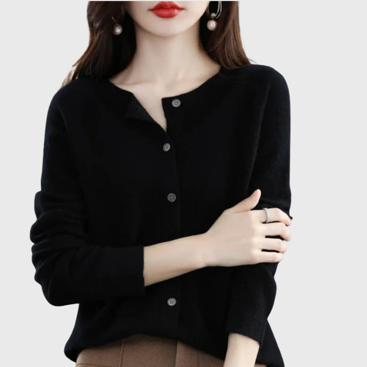 Damen Merino Cardigan Knopfleiste Rundhals - Black