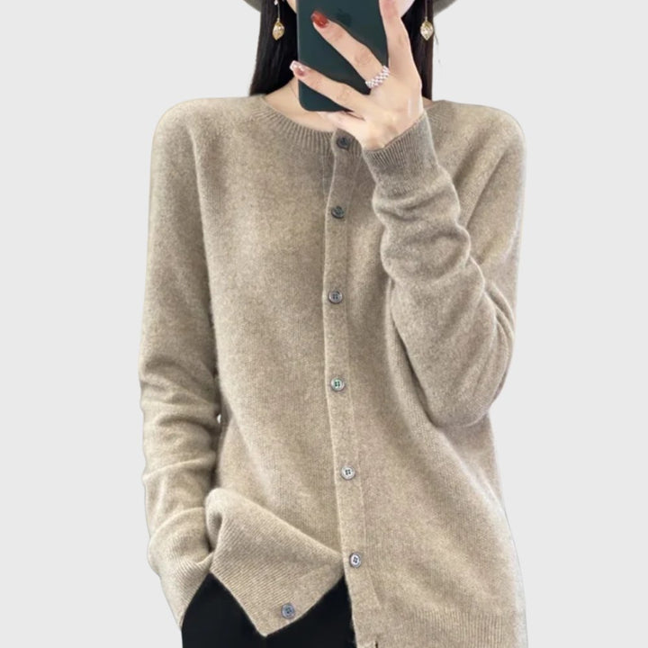 Damen Merino Cardigan Knopfleiste Rundhals - Brown