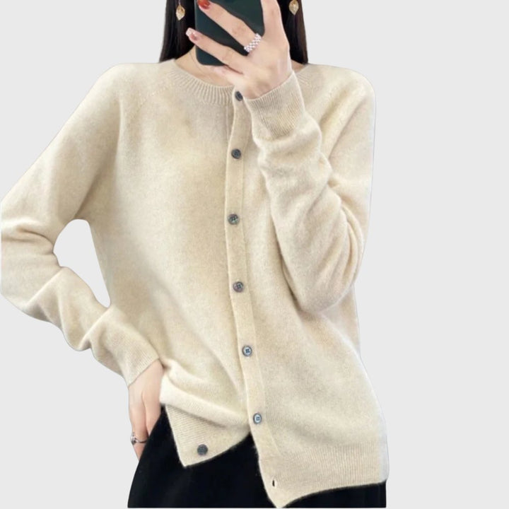 Damen Merino Cardigan Knopfleiste Rundhals - Beige