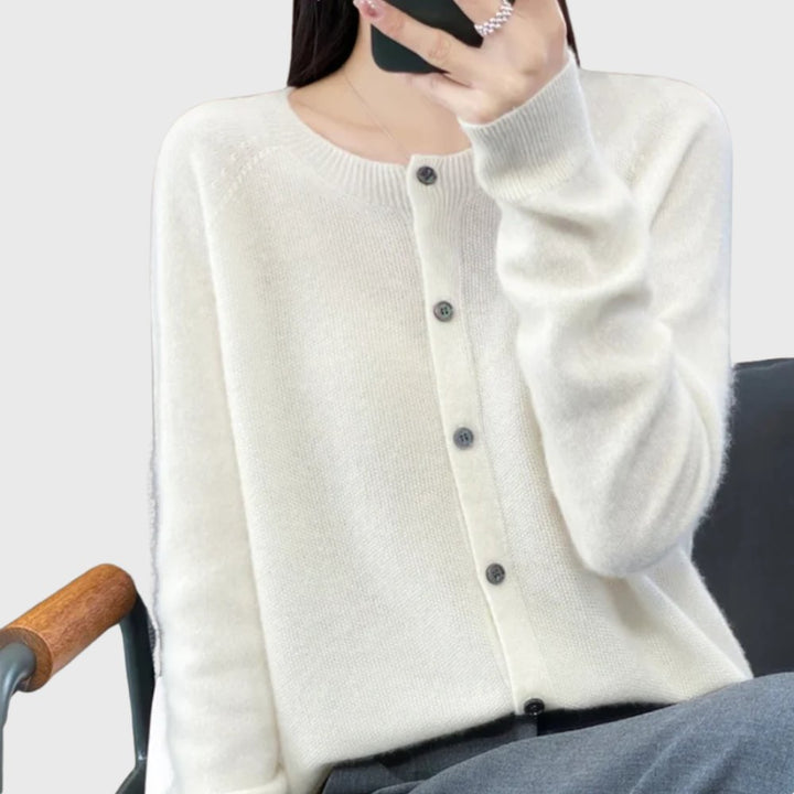 Damen Merino Cardigan Knopfleiste Rundhals - White