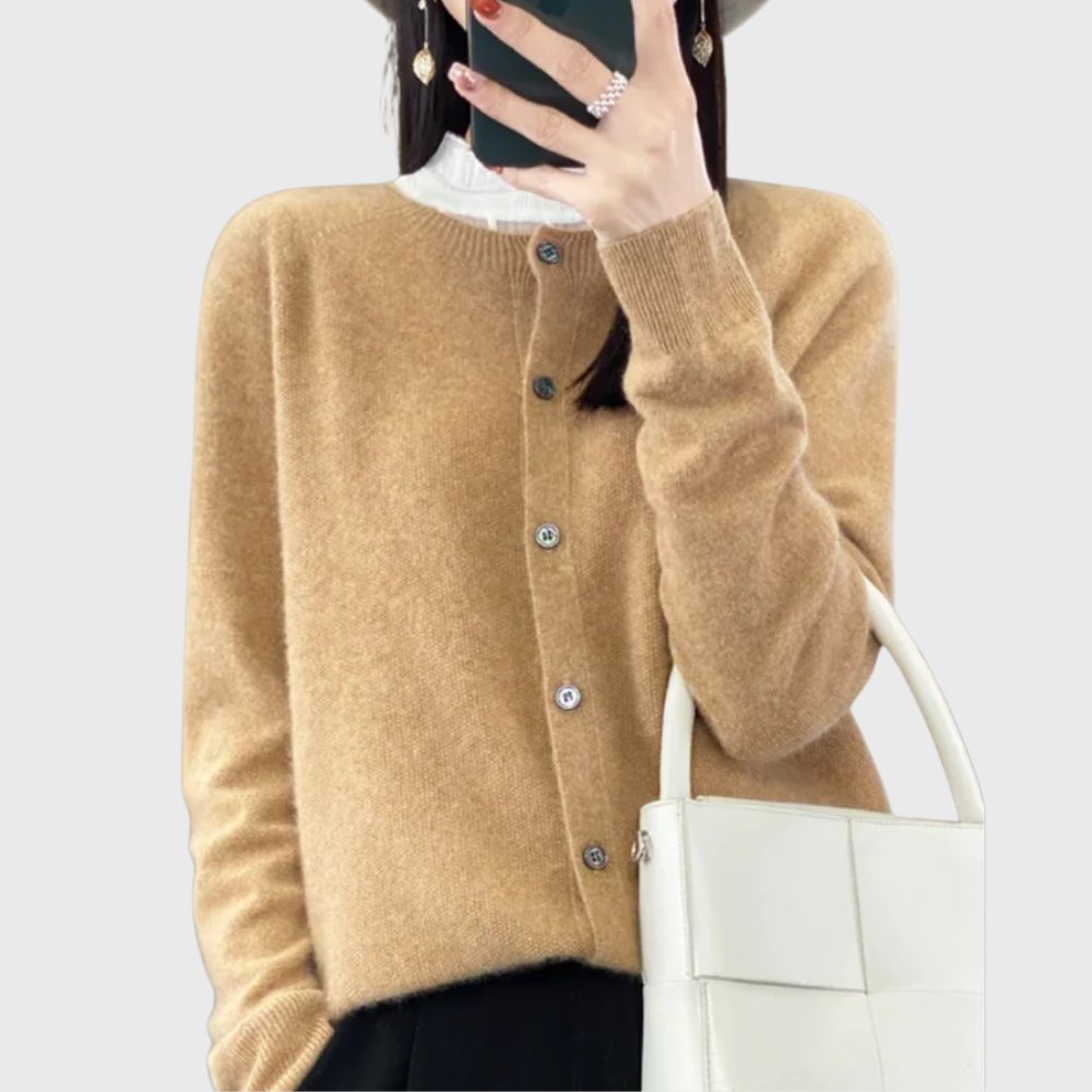 Damen Merino Cardigan Knopfleiste Rundhals - Camel