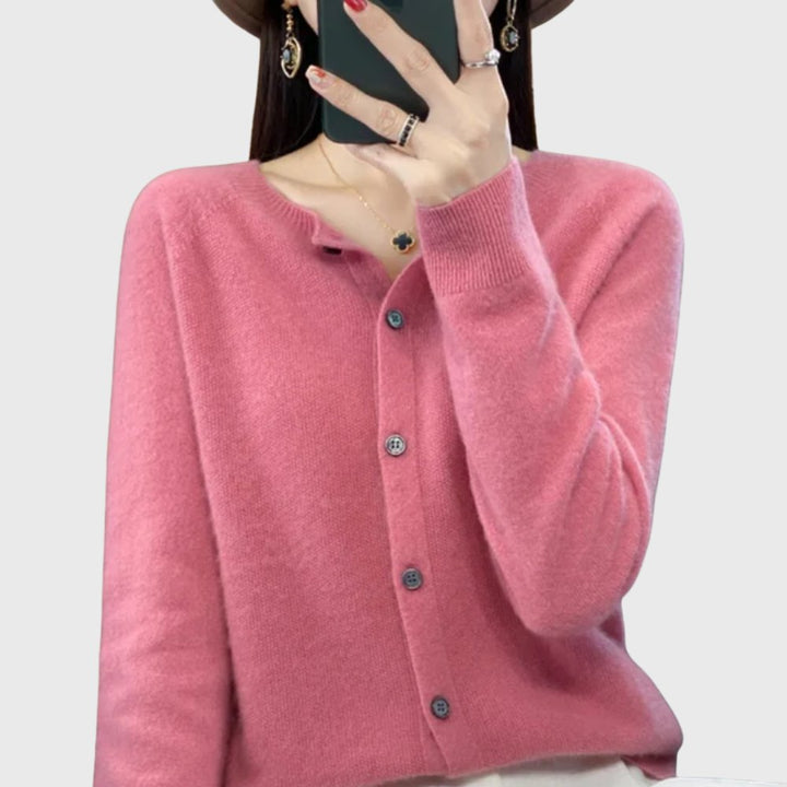 Damen Merino Cardigan Knopfleiste Rundhals - Pink