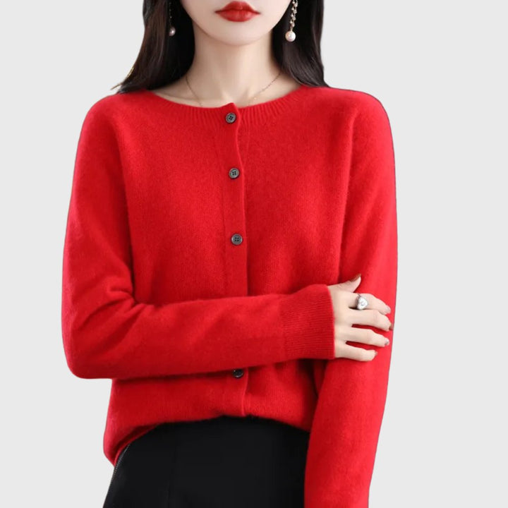 Damen Merino Cardigan Knopfleiste Rundhals - Red
