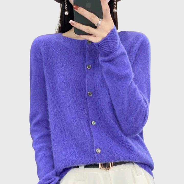 Damen Merino Cardigan Knopfleiste Rundhals - Purple