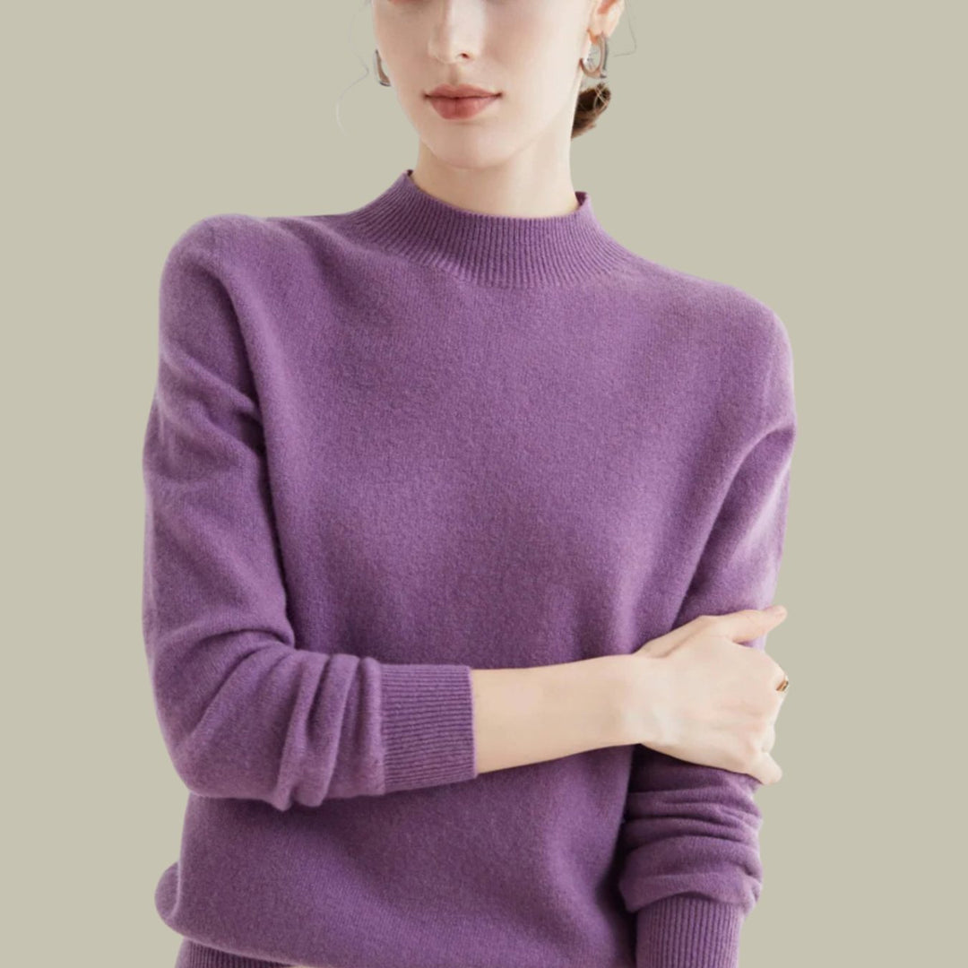 Damen Merino-Strickpullover mit Halbkragen für den Winter - Lila