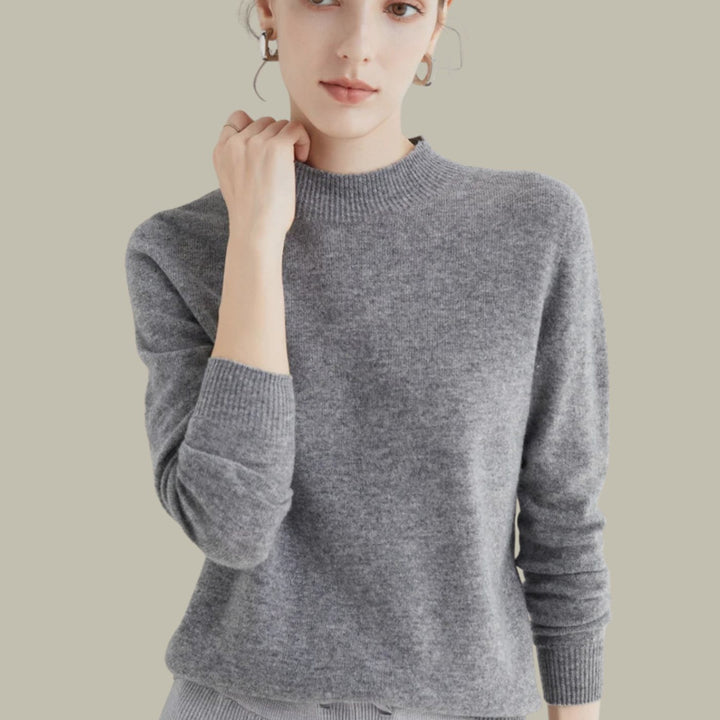 Damen Merino-Strickpullover mit Halbkragen für den Winter - Grau