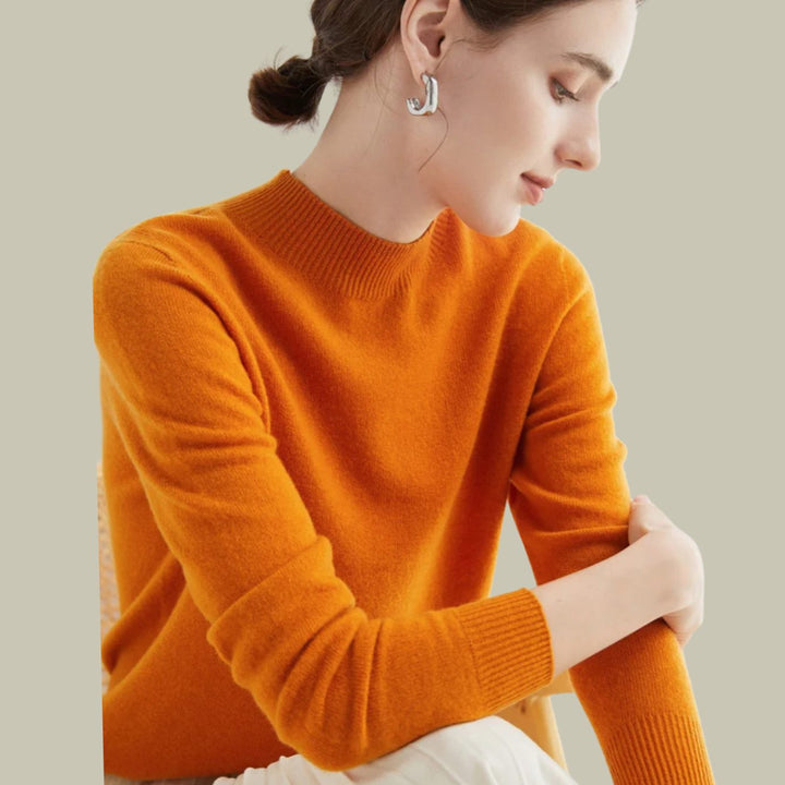 Damen Merino-Strickpullover mit Halbkragen für den Winter - Kürbisfarbe