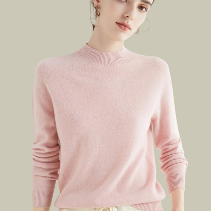 Damen Merino-Strickpullover mit Halbkragen für den Winter - Rosa