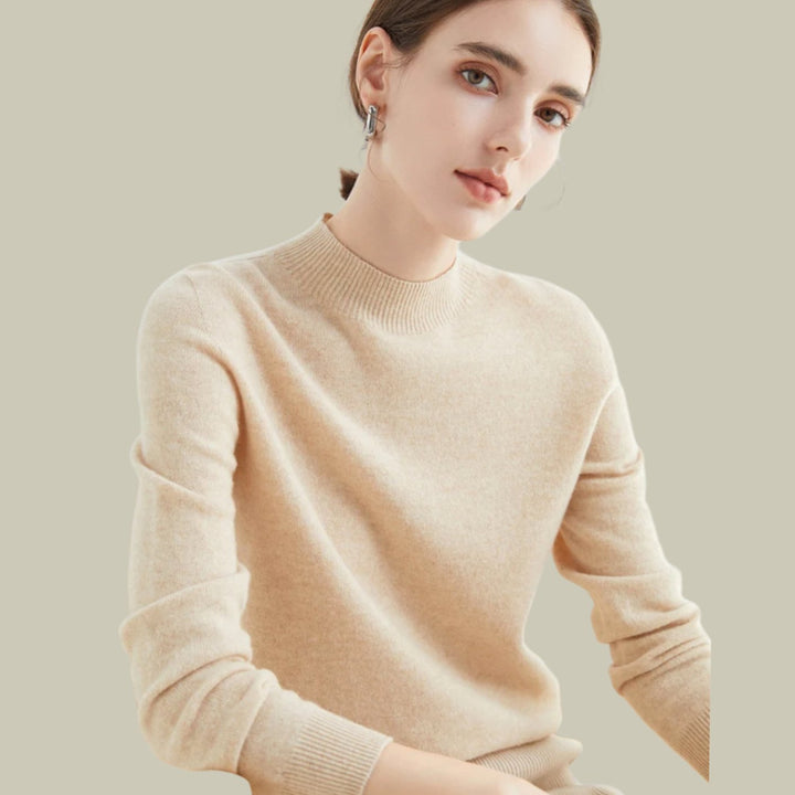 Damen Merino-Strickpullover mit Halbkragen für den Winter - Beige