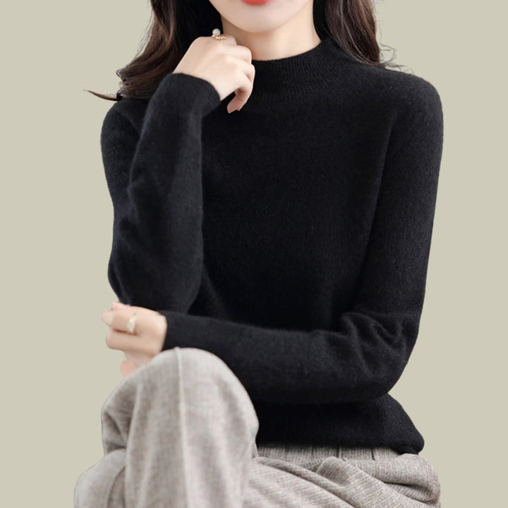 Damen Merino-Strickpullover mit Halbkragen für den Winter - Schwarz