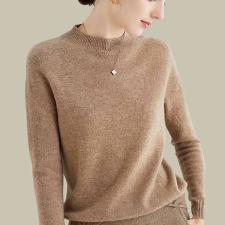 Damen Merino-Strickpullover mit Halbkragen für den Winter - Hellbraun