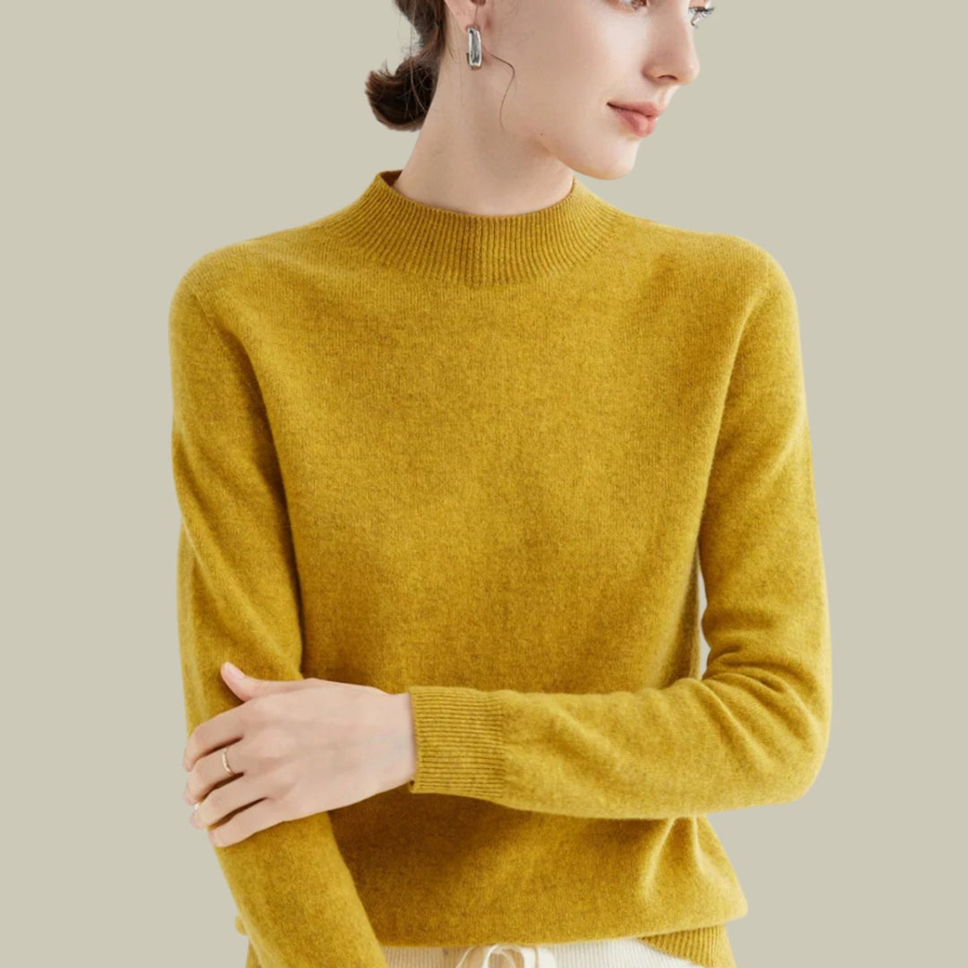 Damen Merino-Strickpullover mit Halbkragen für den Winter - Senfgelb
