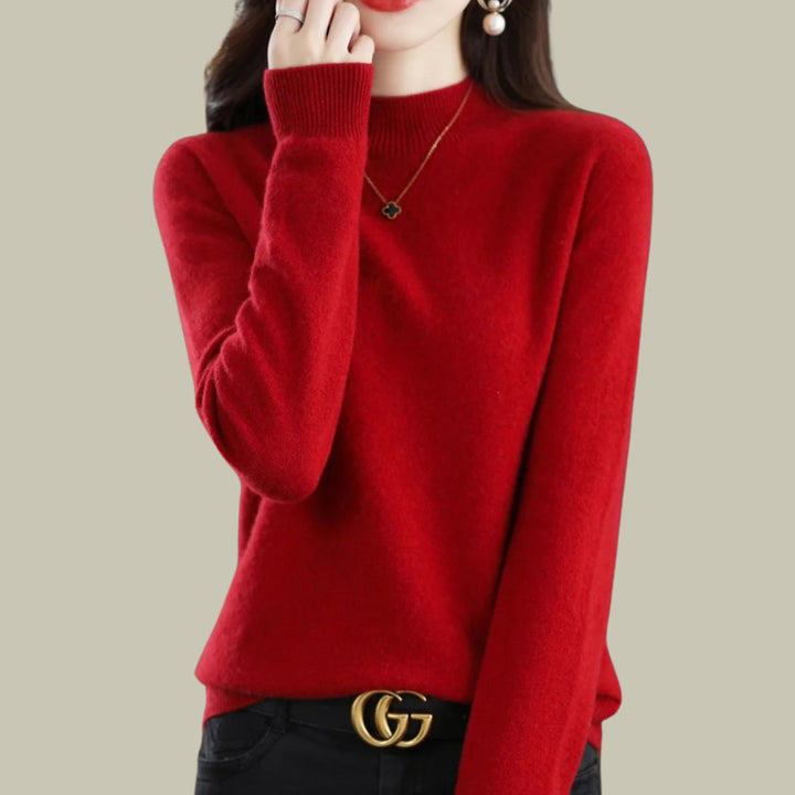 Damen Merino-Strickpullover mit Halbkragen für den Winter - Weinrot