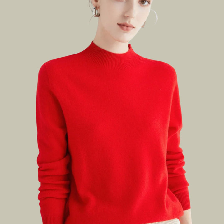 Damen Merino-Strickpullover mit Halbkragen für den Winter - Rot
