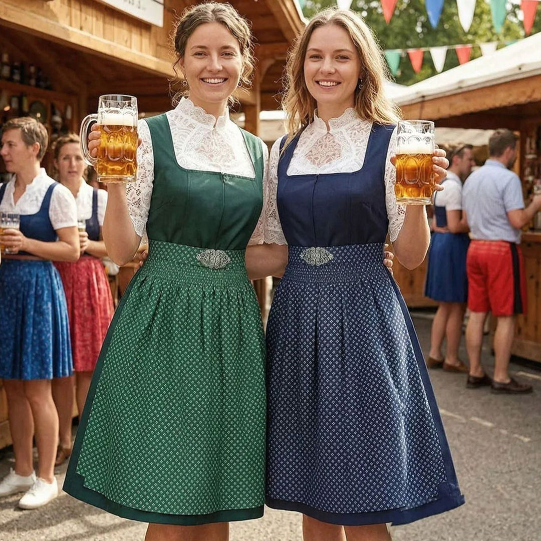 Damen Midi-Dirndl-Set mit Spitzenbluse Schürze Trachtenkleid Oktoberfest