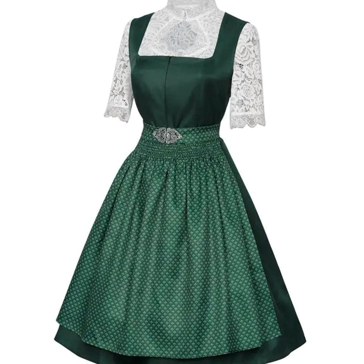 Damen Midi-Dirndl-Set mit Spitzenbluse Schürze Trachtenkleid Oktoberfest