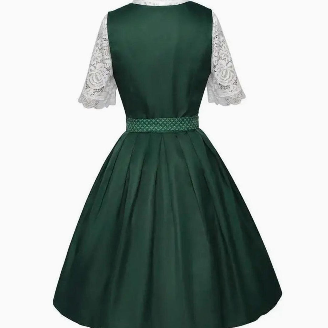 Damen Midi-Dirndl-Set mit Spitzenbluse Schürze Trachtenkleid Oktoberfest