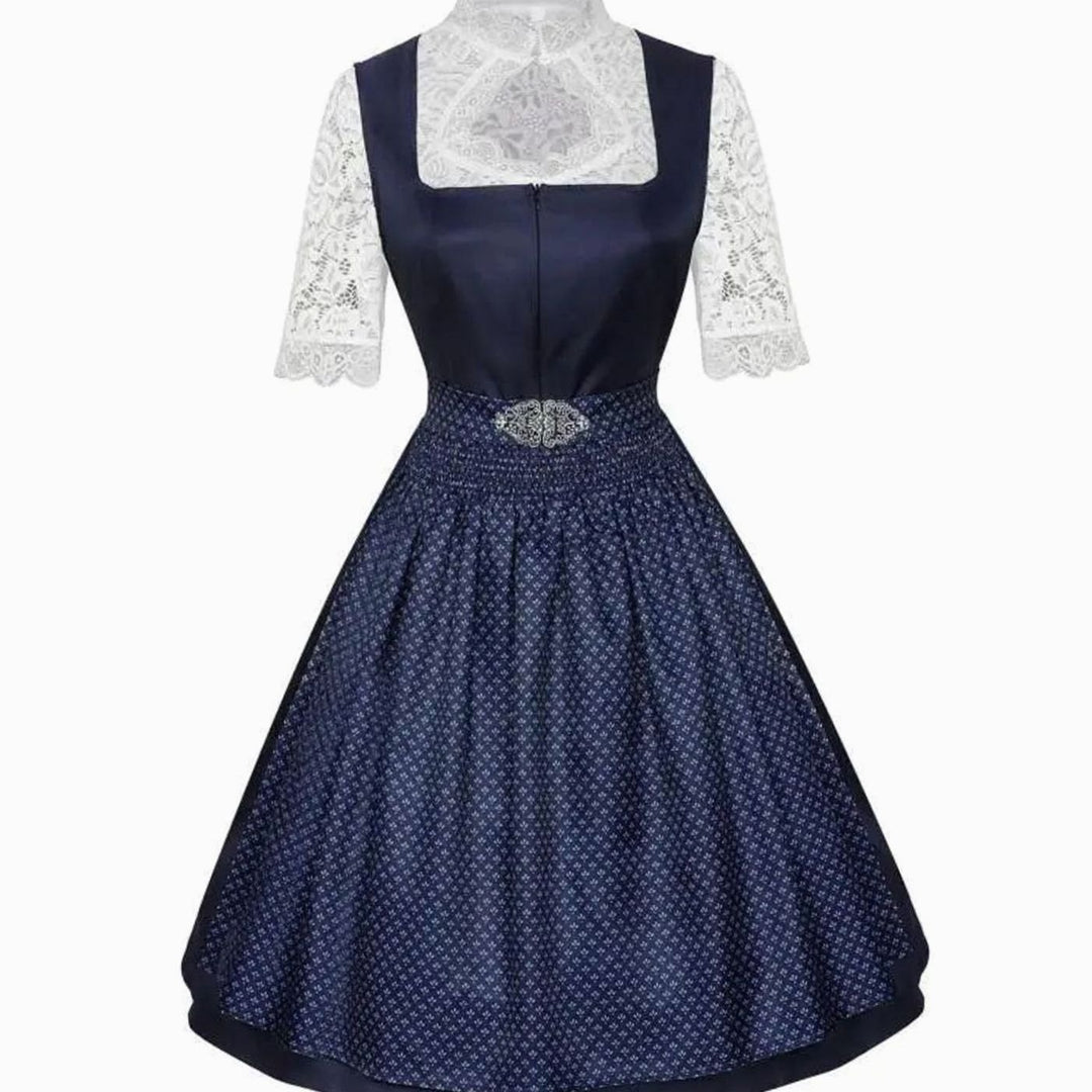 Damen Midi-Dirndl-Set mit Spitzenbluse Schürze Trachtenkleid Oktoberfest