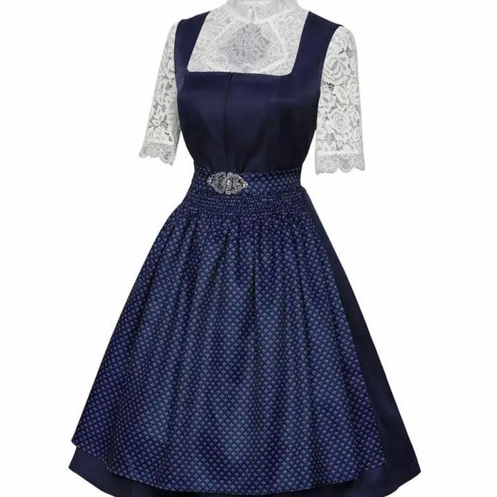 Damen Midi-Dirndl-Set mit Spitzenbluse Schürze Trachtenkleid Oktoberfest