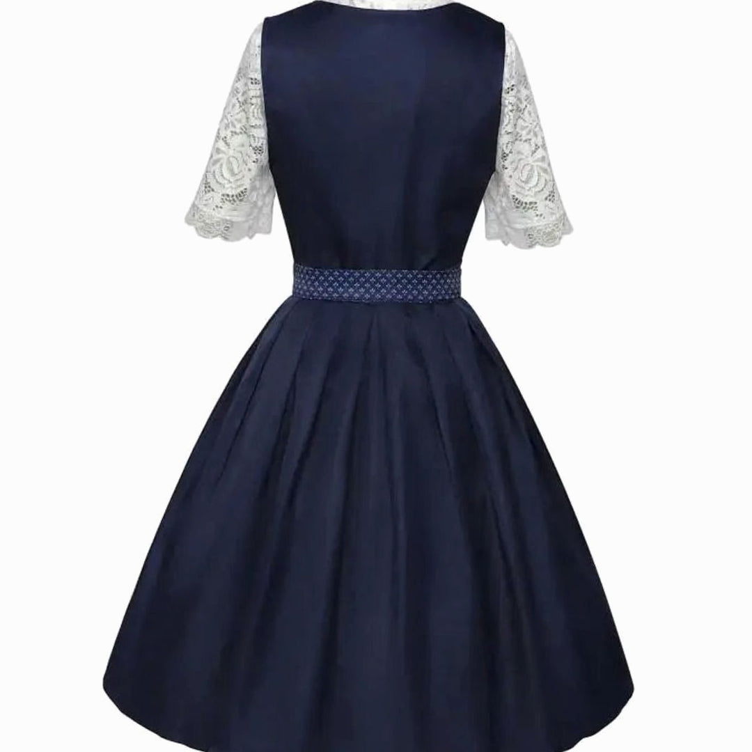 Damen Midi-Dirndl-Set mit Spitzenbluse Schürze Trachtenkleid Oktoberfest