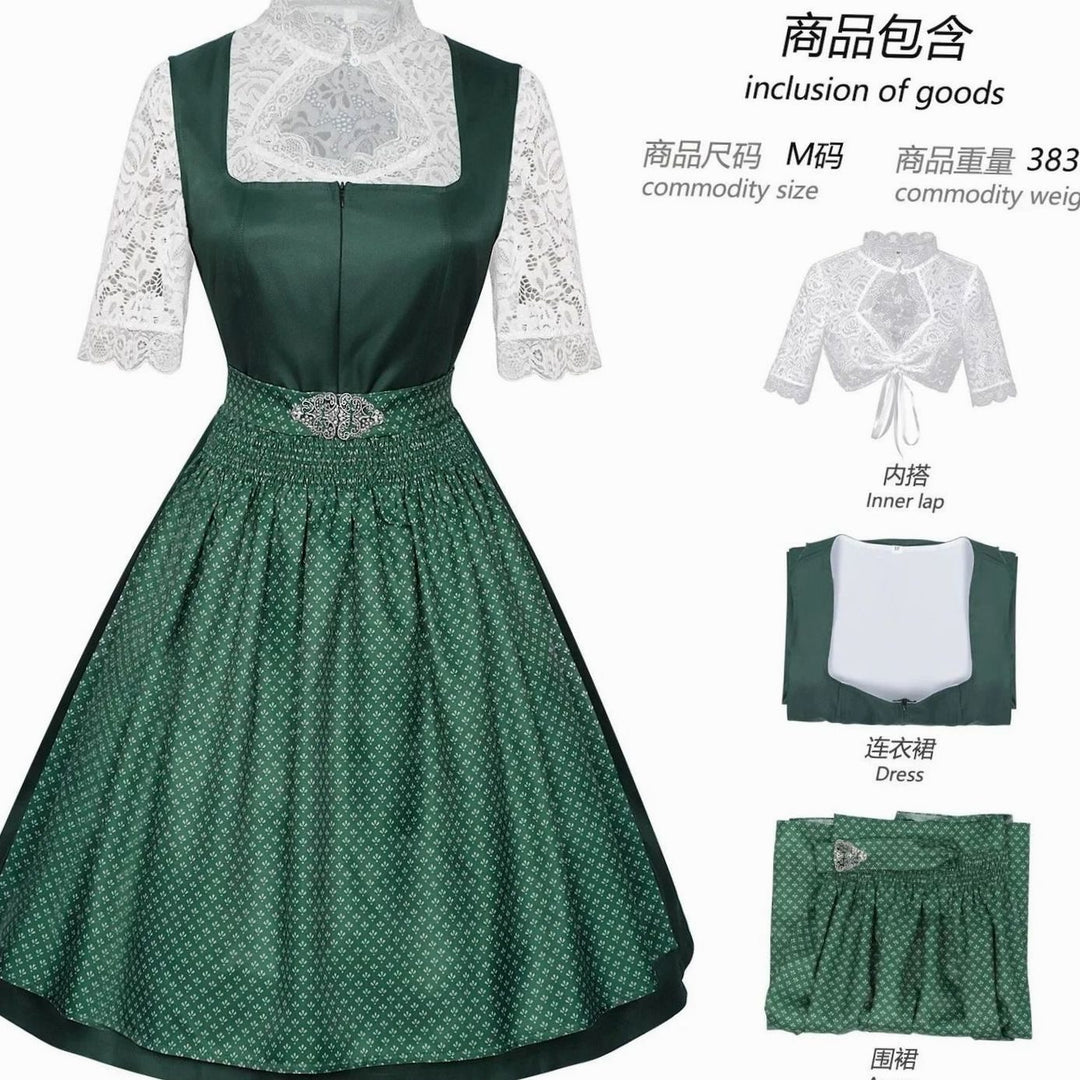 Damen Midi-Dirndl-Set mit Spitzenbluse Schürze Trachtenkleid Oktoberfest - Grün