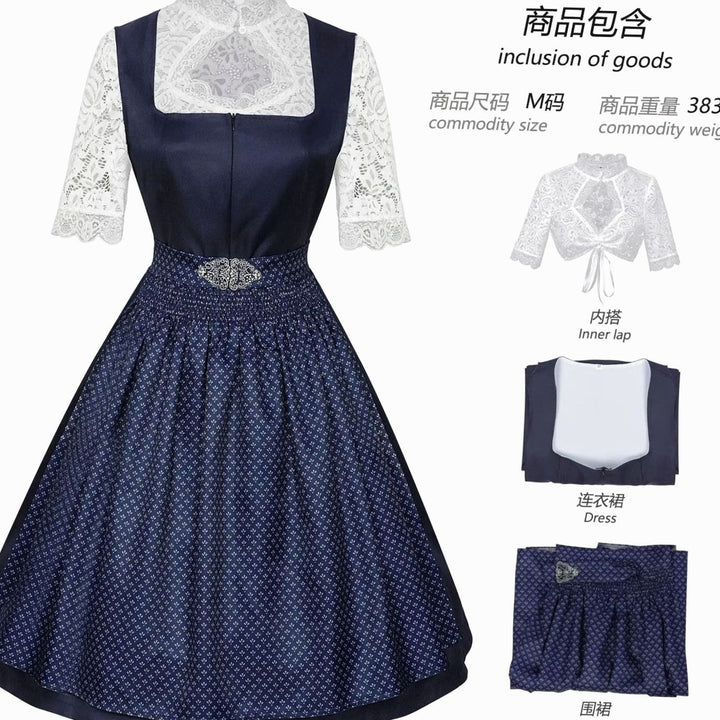 Damen Midi-Dirndl-Set mit Spitzenbluse Schürze Trachtenkleid Oktoberfest - Blau