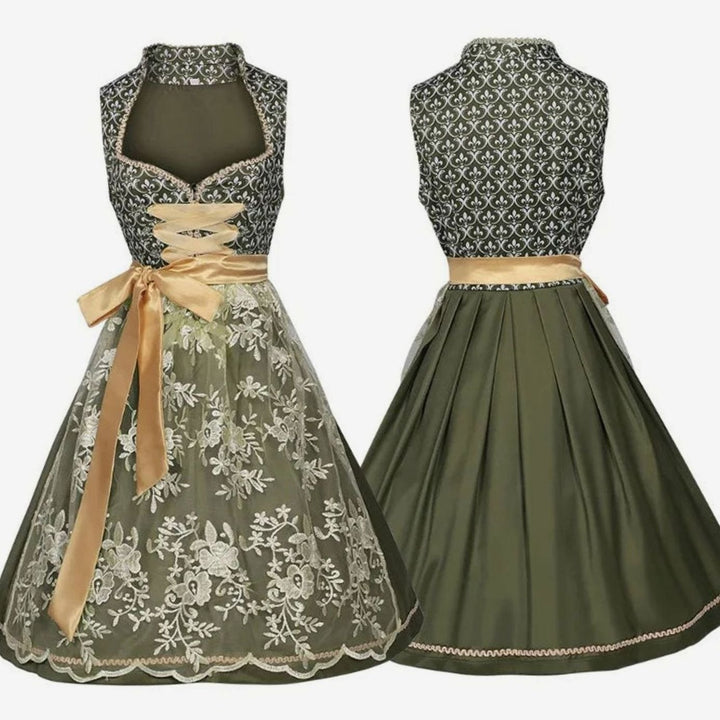 Damen Midi-Dirndl Trachtenkleid mit Spitzenschürze Herzausschnitt