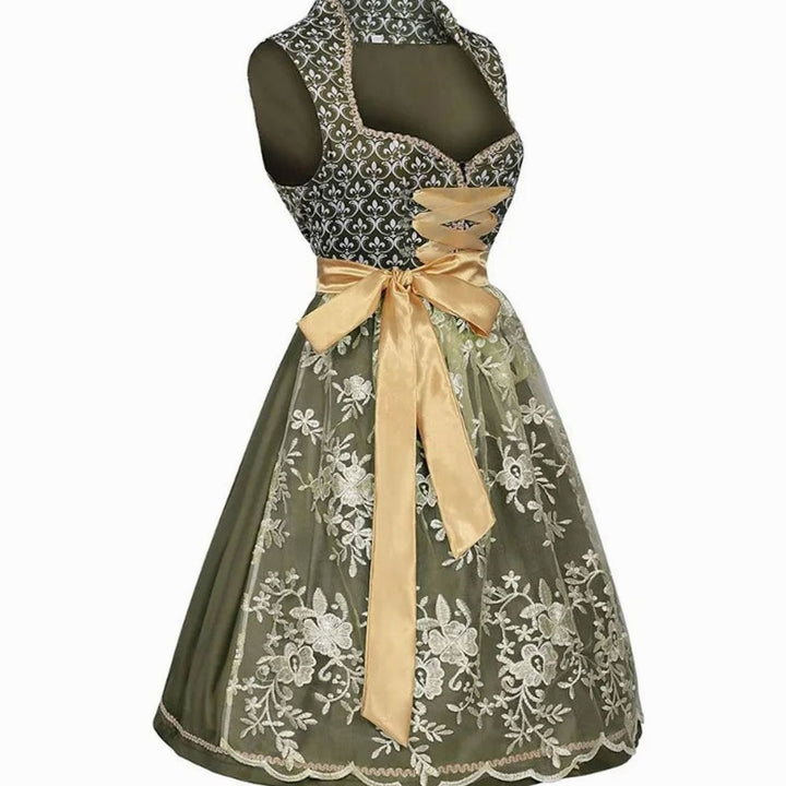 Damen Midi-Dirndl Trachtenkleid mit Spitzenschürze Herzausschnitt