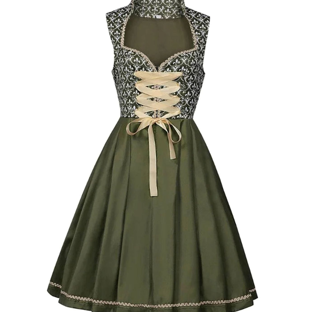 Damen Midi-Dirndl Trachtenkleid mit Spitzenschürze Herzausschnitt