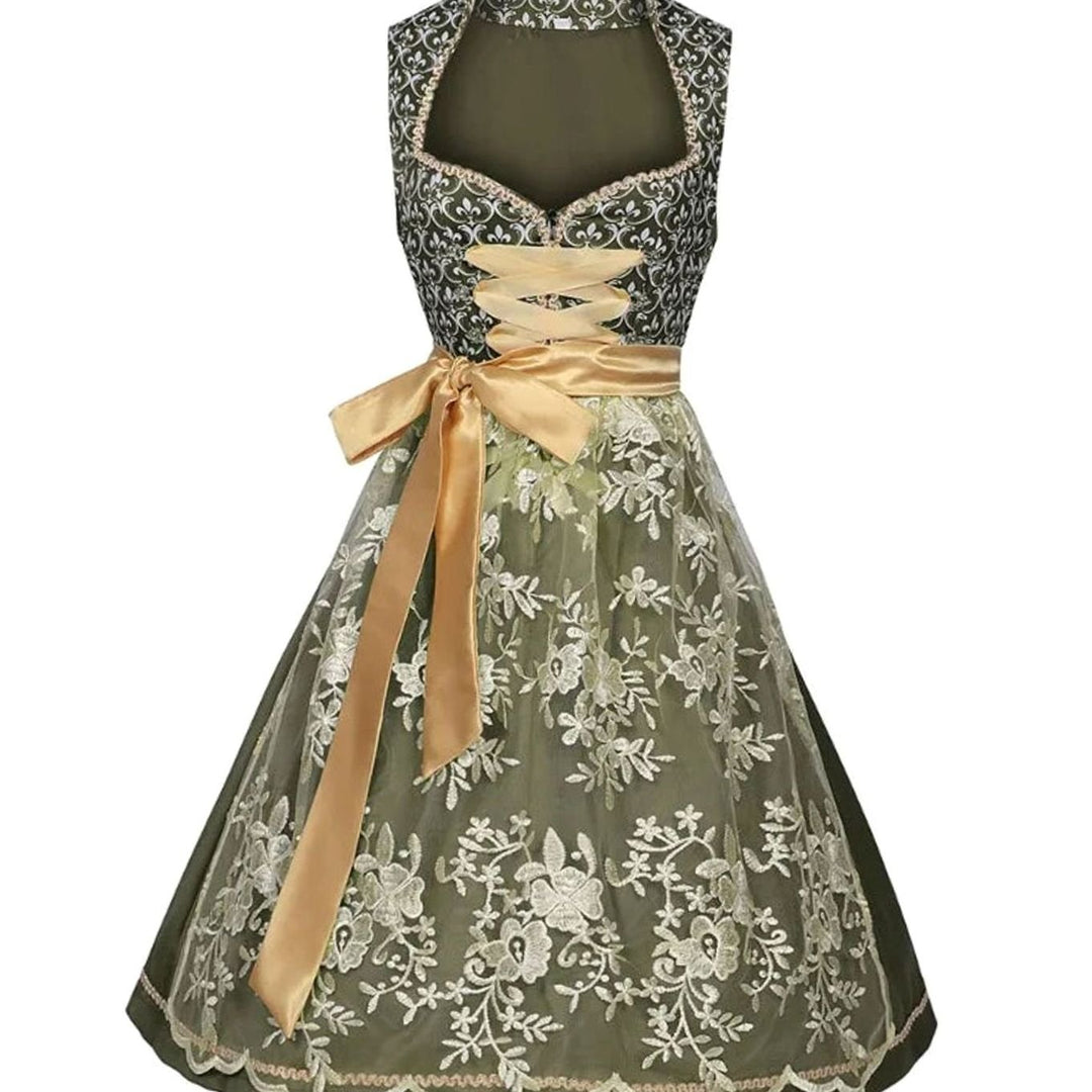 Damen Midi-Dirndl Trachtenkleid mit Spitzenschürze Herzausschnitt