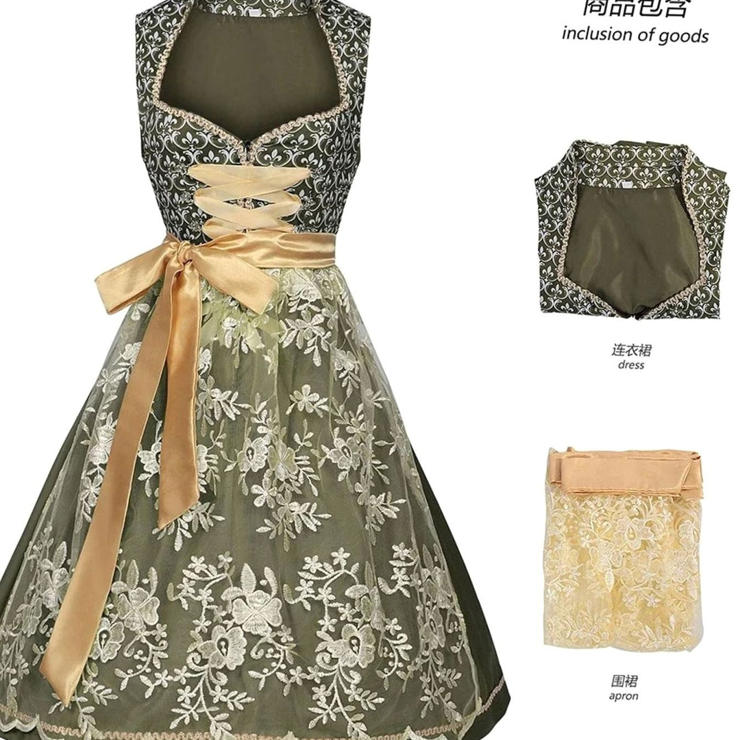 Damen Midi-Dirndl Trachtenkleid mit Spitzenschürze Herzausschnitt - Grün