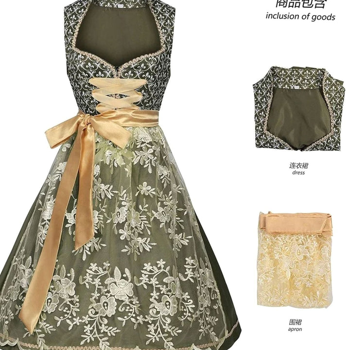 Damen Midi-Dirndl Trachtenkleid mit Spitzenschürze Herzausschnitt - Grün