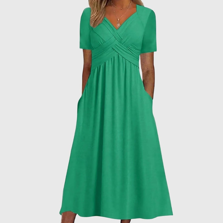 Damen Midi Kleid mit Bauchkontrolle V-Ausschnitt Kurzarm - Green