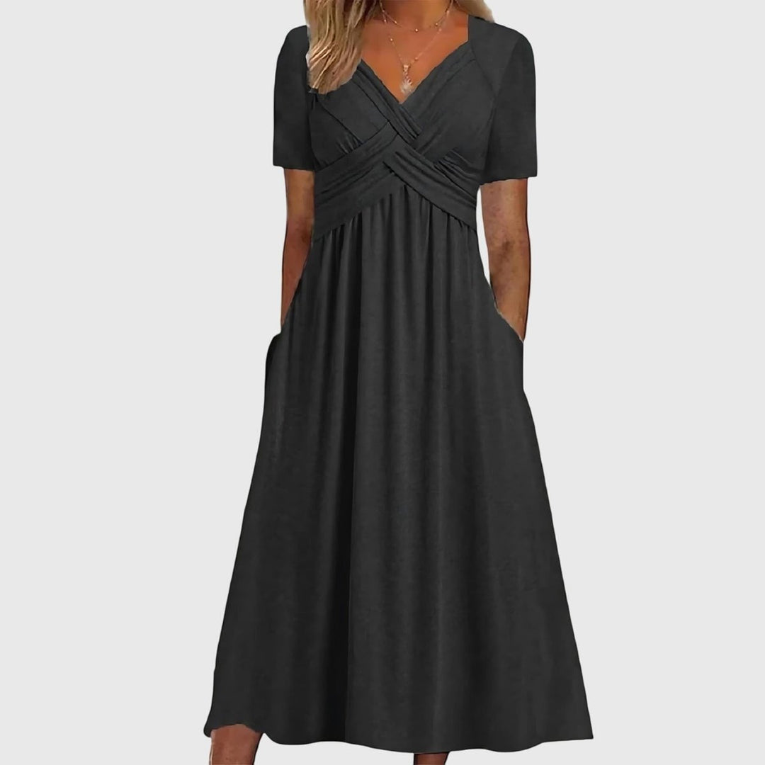 Damen Midi Kleid mit Bauchkontrolle V-Ausschnitt Kurzarm - Black