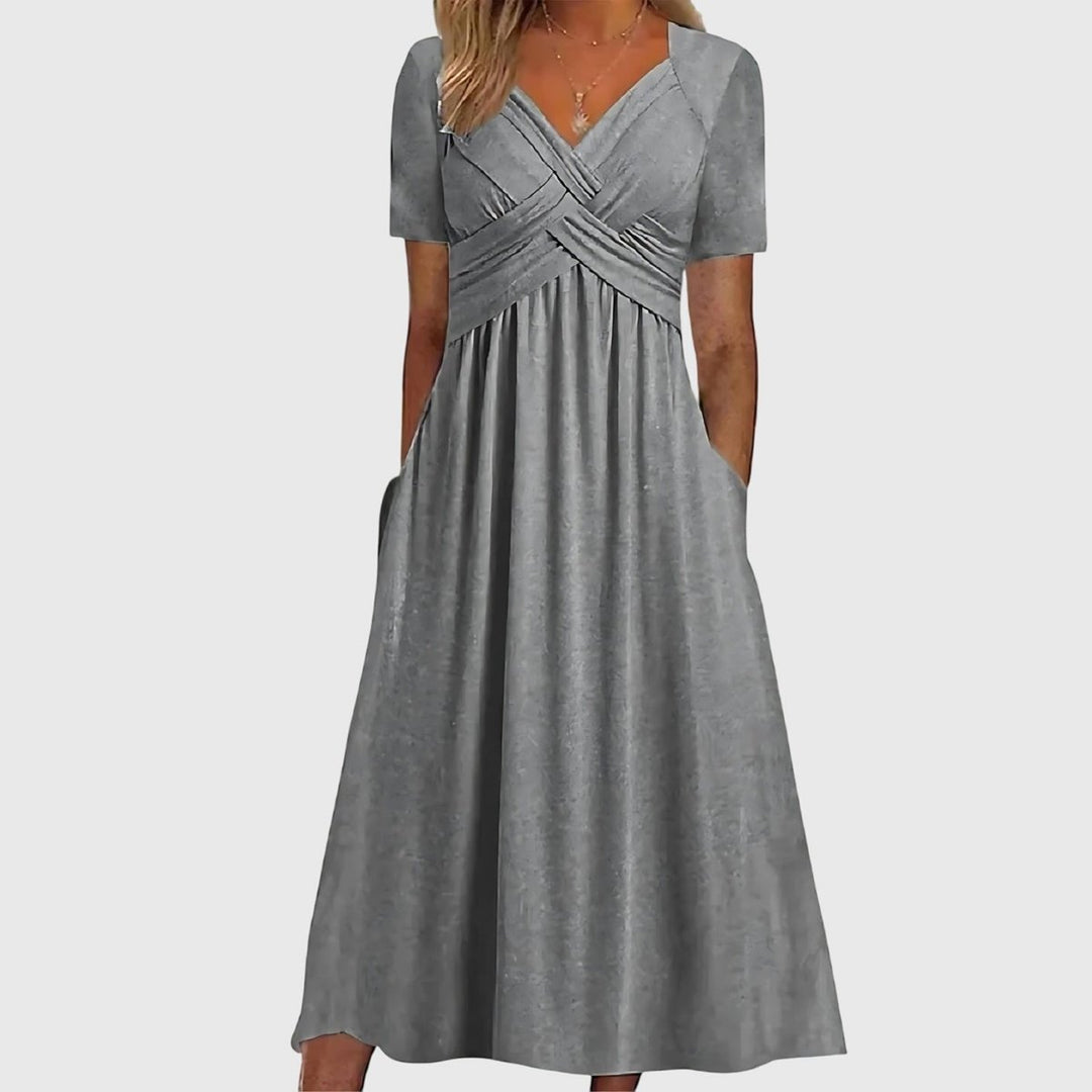 Damen Midi Kleid mit Bauchkontrolle V-Ausschnitt Kurzarm - Gray