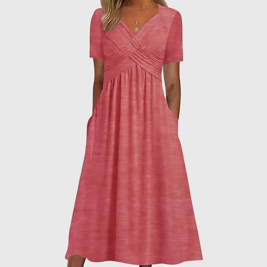Damen Midi Kleid mit Bauchkontrolle V-Ausschnitt Kurzarm - Pink