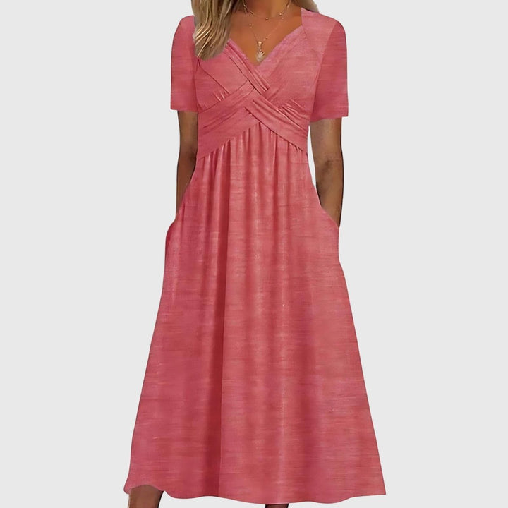 Damen Midi Kleid mit Bauchkontrolle V-Ausschnitt Kurzarm - Pink