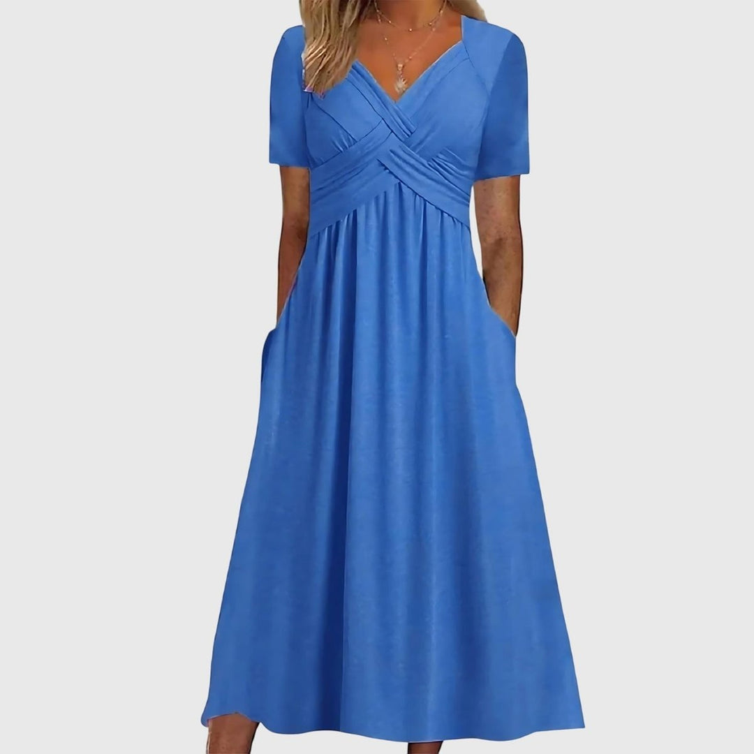 Damen Midi Kleid mit Bauchkontrolle V-Ausschnitt Kurzarm - Blue