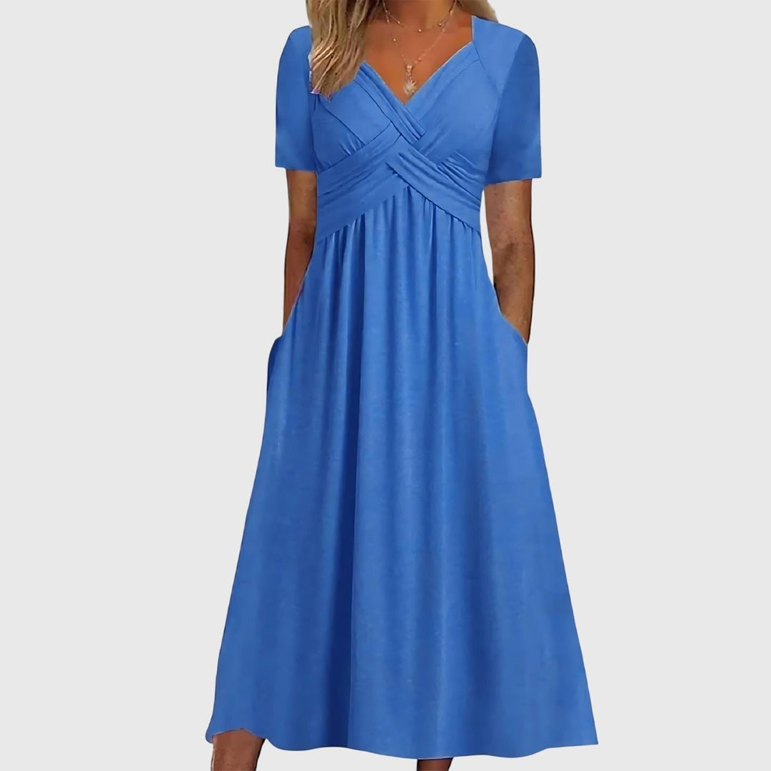 Damen Midi-Kleid mit Bauchkontrolle V-Ausschnitt Wickeloptik - Blue