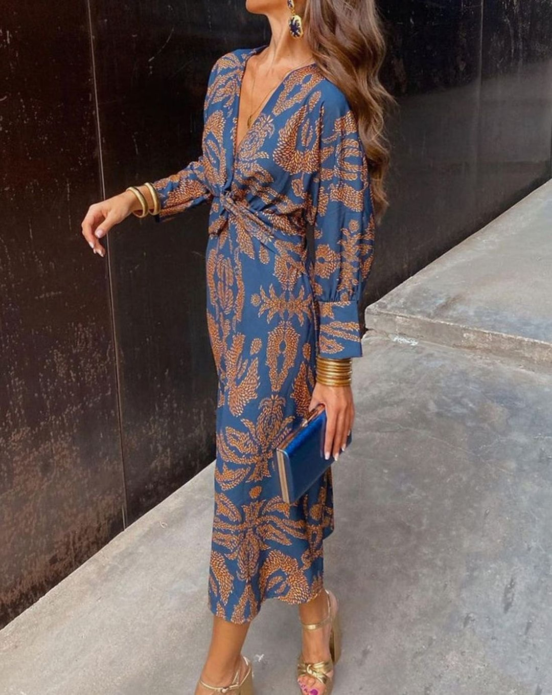 Damen Midi-Kleid mit Kunstmuster tiefem V-Ausschnitt und Frontknoten - Blau