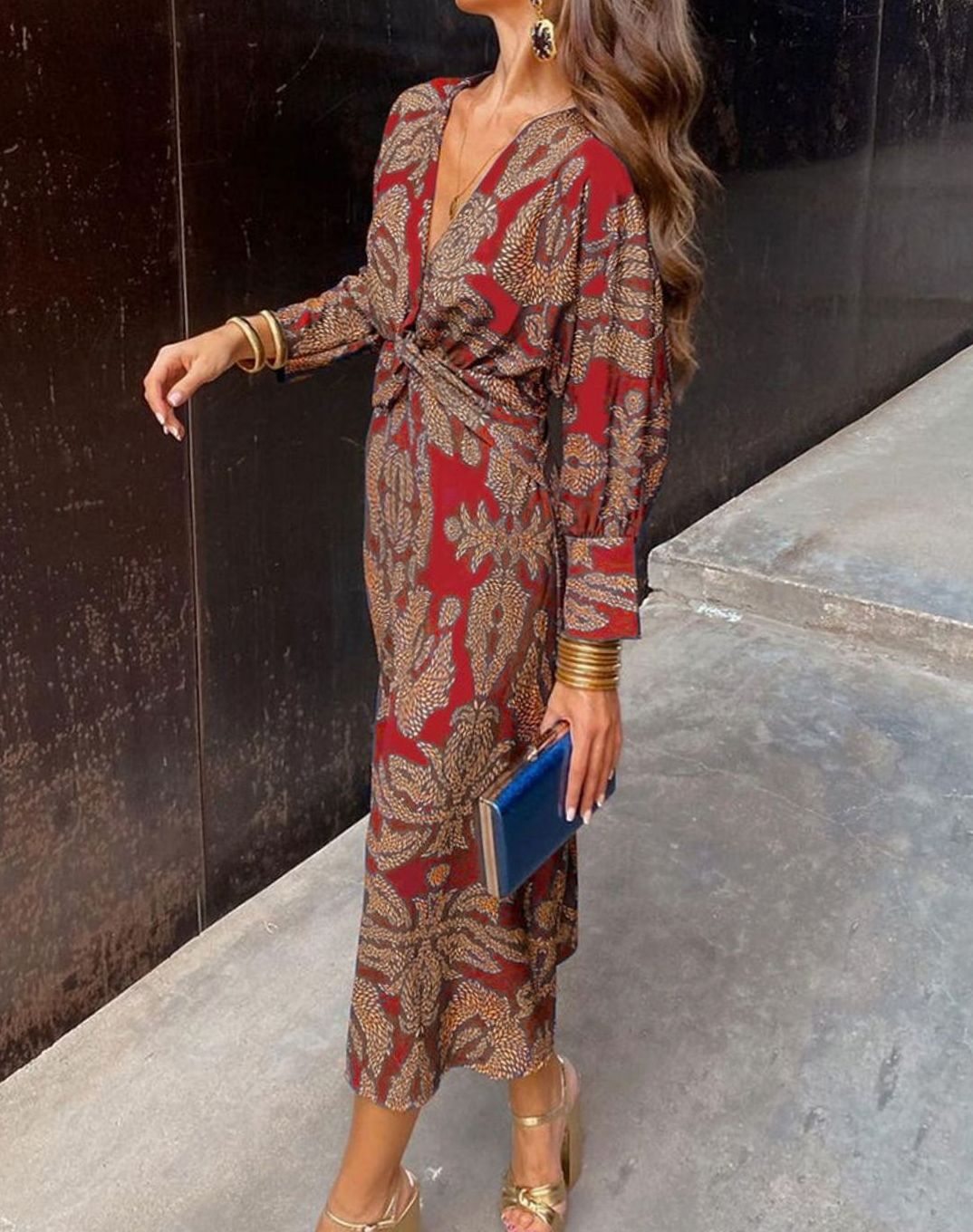 Damen Midi-Kleid mit Kunstmuster tiefem V-Ausschnitt und Frontknoten - Rot
