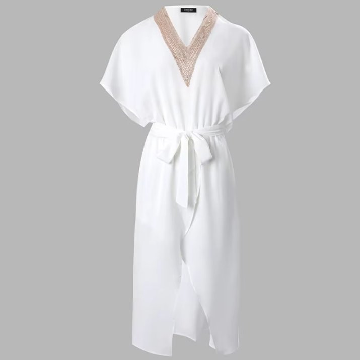 Damen Midi Kleid V-Ausschnitt Gold-Detail Kurzarm